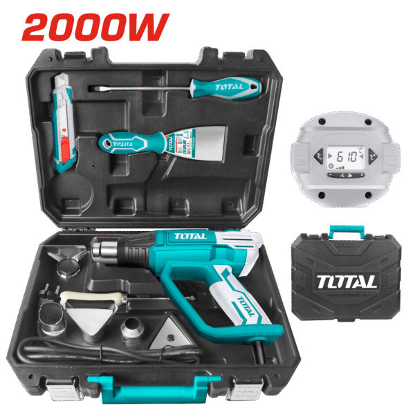 PISTOLA DE CALOR SET COMPLETO 2000W 500L/MIN 630C LCD INDUSTRIAL