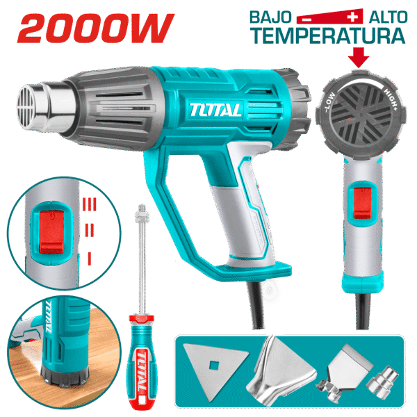 PISTOLA DE CALOR 2000W 450L/MIN 50-550C RANGO AJUSTABLE INDUSTRIAL