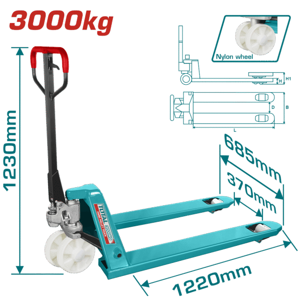 PALETA HIDRAULICA 3000KG 220X68.5X124CM RUEDA NYLON INDUSTRIAL