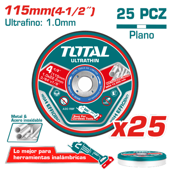 SET DISCOS ABRASIVO/CORTE P/METAL 115X1.0X22.2MM 25PZS ULTRA DELGADO