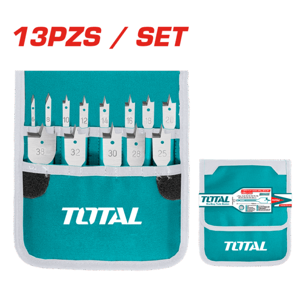 SET DE BROCAS PLANAS PARA MADERA 13 PIEZAS 6-38mm + ESTUCHE LONA INDUSTRIAL