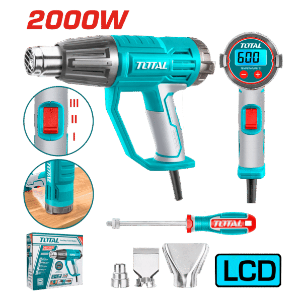 PISTOLA DE CALOR 2000W 450L/MIN 50-600C RANGO AJUSTABLE LCD +ACCESORIOS INDUSTRIAL