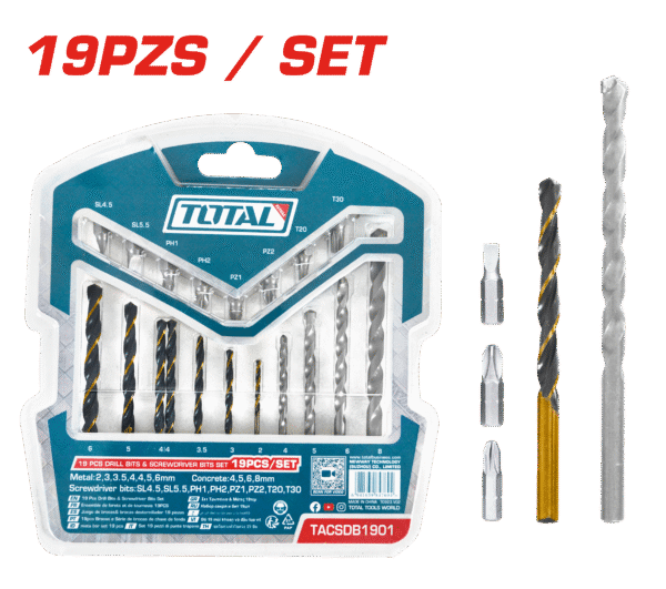 SET DE BROCAS 19PZS (7PZS HSS + 4PZS CONCRETO + 8PZS PUNTA DESTORNILLAR)