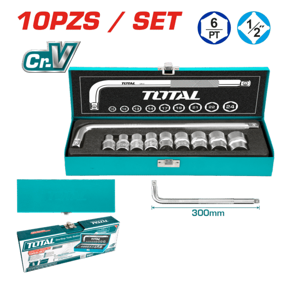 SET DADOS + BARRA 1/2 CR-V 10PCS 10-24MM MALETIN METAL INDUSTRIAL