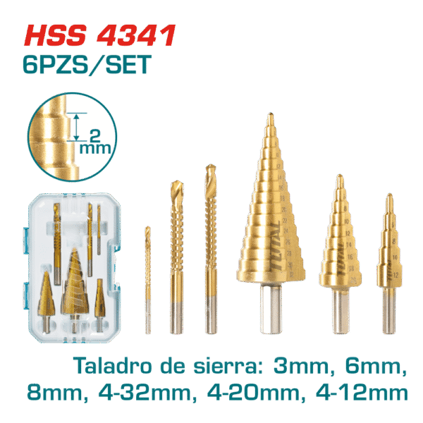 SET BROCAS ESCALONADAS HSS 4341 4-35MM 3PZS ESCALONADAS + 3 PCS SERRUCHADORAS INDUSTRIAL
