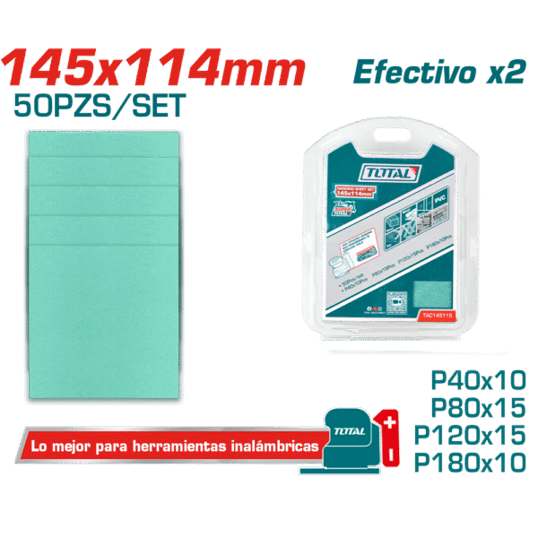 SET LIJAS P40/P80/P120/P180 50PCS RECTANGULAR 145X114MM INDUSTRIAL