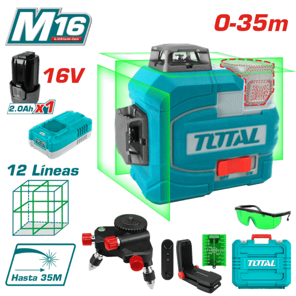 NIVEL LASER 3D 16V 12LINEAS 0-35M VERDE 1X2.0AH + ACCESORIOS