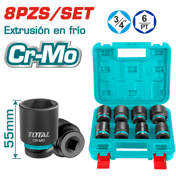 SET DADOS IMPACTO CORTO 3/4 PULG 8PCS 26-38MM CR-MO MALETIN INDUSTRIAL