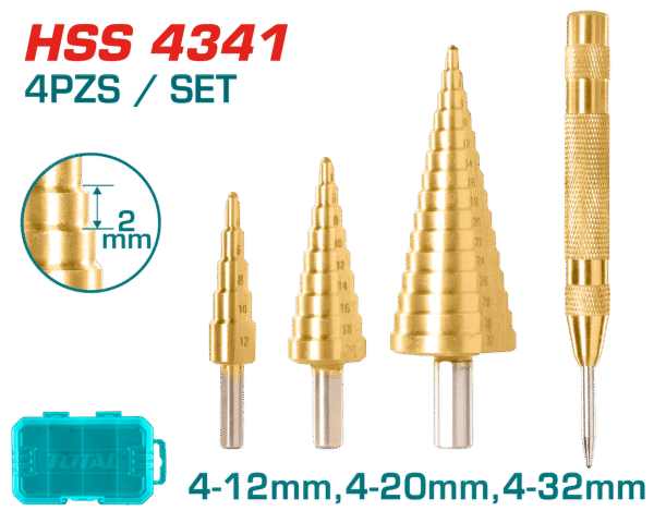 SET BROCAS ESCALONADAS 4PZS 1/4” HEX HSS 4341 4-12/4-20/4-32MM + MARCADOR METAL INDUSTRIAL