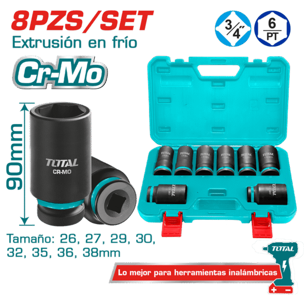 SET DADOS IMPACTO LARGO 3/4 PULG 8PCS 26-38MM CR-MO MALETIN INDUSTRIAL