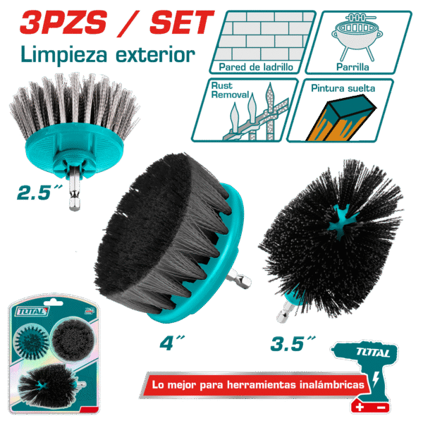 SET DE CEPILLOS MULTIUSOS 1/4” HEX P/TALADRO 3PCS (INTERMEDIO – DURO) INDUSTRIAL