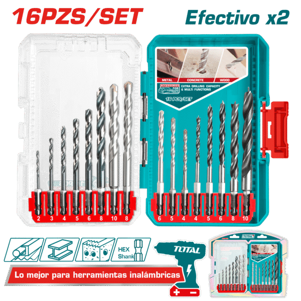 SET DE BROCAS METAL/CONCRETO/MADERA 16PZS EN ESTUCHE