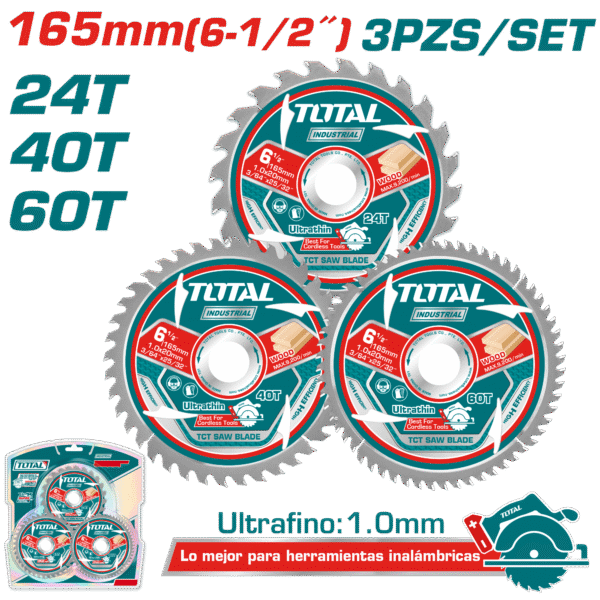 SET DISCOS DENTADOS 165MM 3PCS 24T/40T/90T ULTRA DELGADO: 1MM INDUSTRIAL