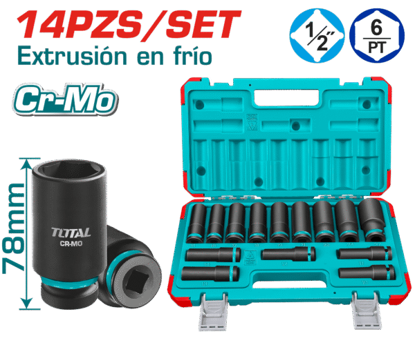 SET DADOS IMPACTO LARGO 1/2” 10-27MM 14PCS CR-MO MALETIN INDUSTRIAL