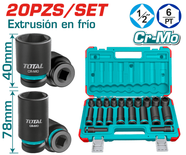 SET DADOS IMPACTO CORTO/LARGO 1/2” 2X(10-24)MM 20PCS CR-MO MALETIN INDUSTRIAL