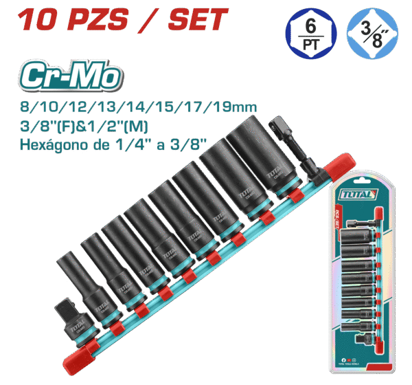 SET DADOS IMPACTO LARGO 3/8” 8-19MM 10PCS CR-MO INC ACC INDUSTRIAL