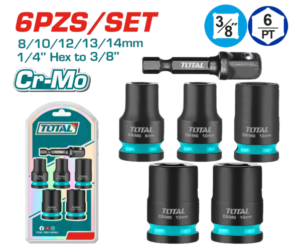 SET DADOS IMPACTO CORTO 6PCS CR-MO 8/10/12/13/14 + ADAPTADOR 1/4 HEX A 3/8 INDUSTRIAL