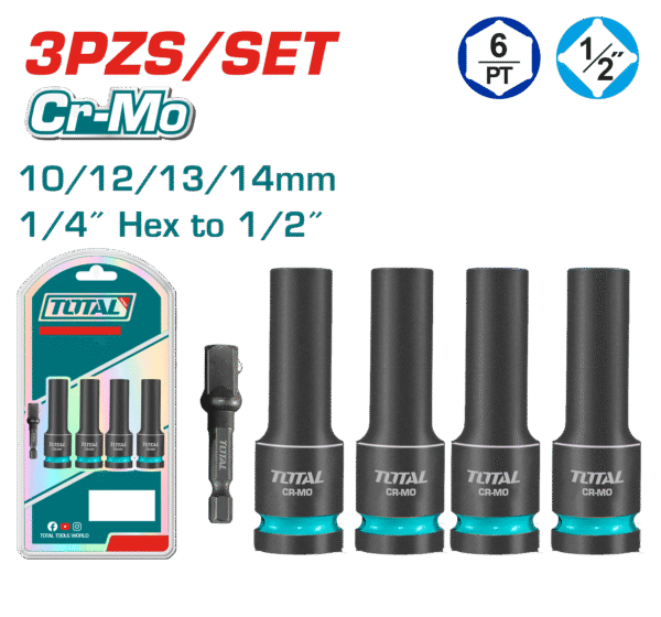 SET DADOS IMPACTO LARGOS 5PCS CR-MO 10/12/13/14 + ADAPTADOR 1/4 HEX A 1/2 INDUSTRIAL