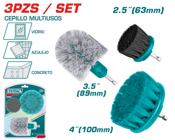 SET DE CEPILLOS MULTIUSOS 1/4” HEX P/TALADRO 3PCS (SUAVE-INTERMEDIO) INDUSTRIAL
