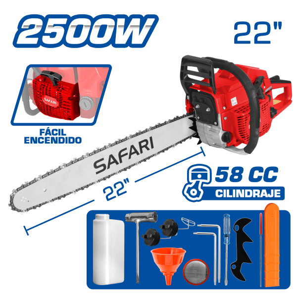 MOTOSIERRA GASOLINERA 58CC 2500W M:2-TIEMPOS ESP: 22” + ACC