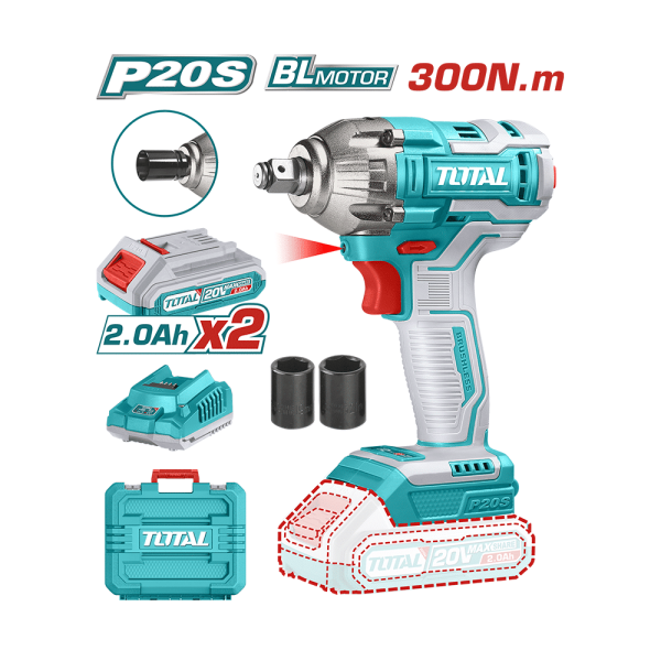 LLAVE IMPACTO BRUSHLESS 20V 300NM 1/2” 3300BPM 2X2.0AH M/PLASTICO INDUSTRIAL