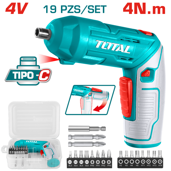 DESTORNILLADOR AJUSTABLE TIPO-C 4V HEX 1/4” 240RPM 4N.M +ACC(19PCS) ESTUCHE