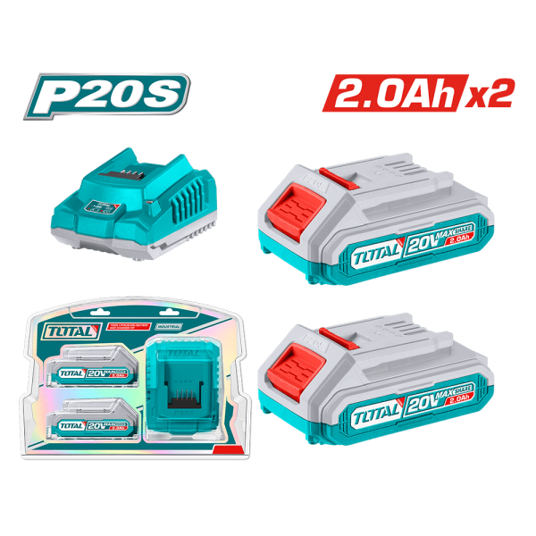SET DE BATERIAS LI-ION 20V 2.0AH 2PCS + CARGADOR INDUSTRIAL