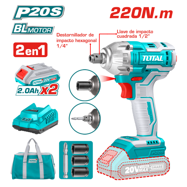 LLAVE/DESTORNILLADOR DE IMPACTO BRUSHLESS 20V 1/2” 220NM 2X2.0AH MALETIN LONA