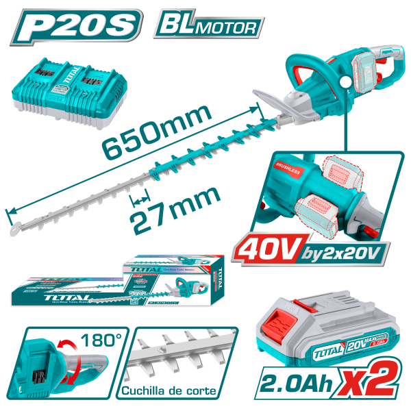 CORTASETOS LI-ION 40V 3600SPM 65CM C:27MM 2X2.0AH MANGO 180º INDUSTRIAL
