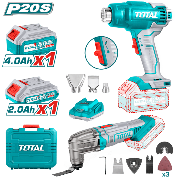 PISTOLA DE CALOR + HERR. MULTIFUNCIONAL 20V 2.0AH 4.0AH