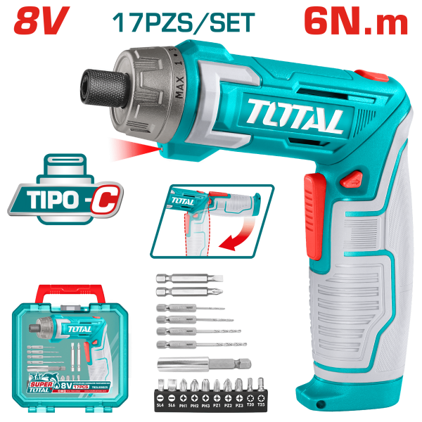 DESTORNILLADOR AJUSTABLE TIPO-C 8V HEX 1/4” 220RPM 6N.M +ACC(17PCS) ESTUCHE