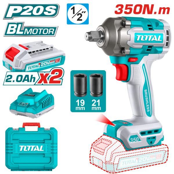 LLAVE IMPACTO BRUSHLESS 20V 350NM 1/2” 2900BPM 2X2.0AH M/PLASTICO INDUSTRIAL