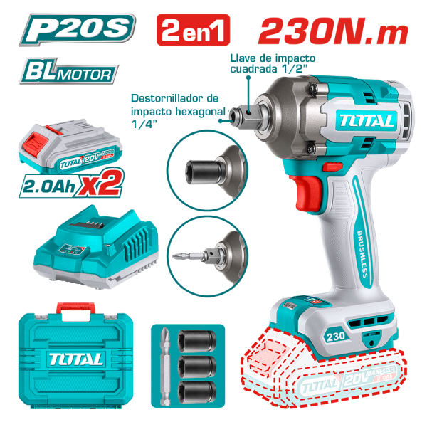 LLAVE/DESTORNILLADOR DE IMPACTO BRUSHLESS 20V 1/2” 230NM 2X2.0AH MALETIN