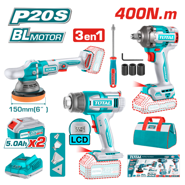 COMBO P20S LLAVE DE IMPACTO + PISTOLA DE CALOR + PULIDORA 2X5.0AH BRUSHLESS
