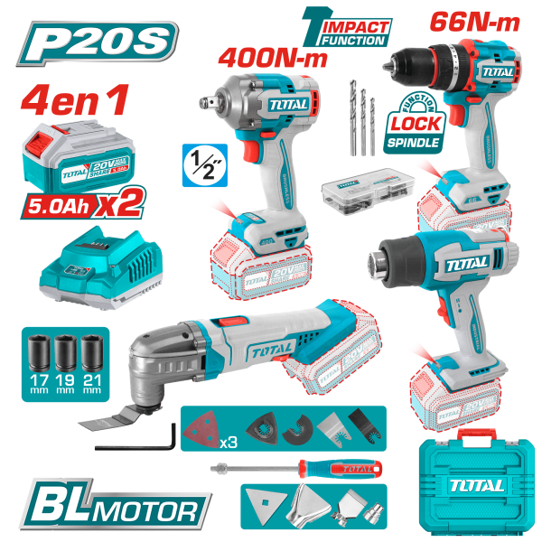COMBO TALADRO + LLAVE DE IMPACTO + PISTOLA DE CALOR + MULTITOOL 2X4.0AH