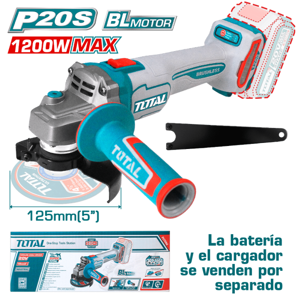 AMOLADORA 20V BRUSHLESS 3000-9000RPM 125MM M14 1200W.MAX INDUSTRIAL