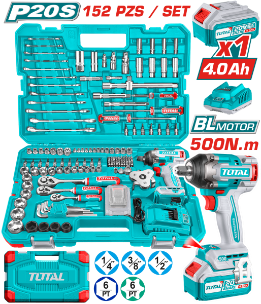 COMBO LLAVE DE IMPACTO 500NM 20V + HERRAMIENTAS 1X4.0AH (152PCS) INC MALETIN INDUSTRIAL
