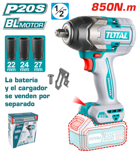 LLAVE IMPACTO BRUSHLESS 20V 850NM 1/2” 2200BPM BRUSHLESS