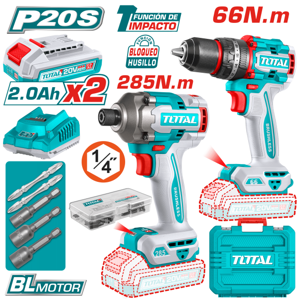 COMBO TALADRO PERCUTOR 66 N.M + ATORNILLADOR IMPACTO 285N.M 20V + ACC 2X2.0AH MALETIN INDUSTRIAL