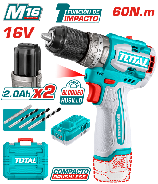 TALADRO PERCUTOR COMPACTO 16V 60NM 13MM 22+1+1 2X2.0AH + MALETIN ACC INDUSTRIAL