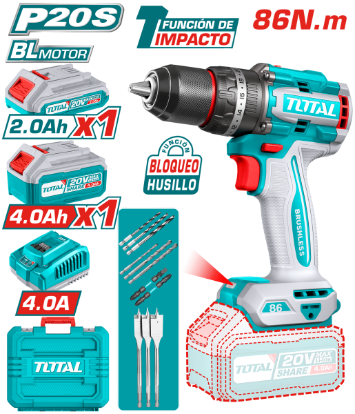 TALADRO PERCUTOR LI-ION 20V 86NM 13MM 2.AH + 4.0AH BRUSHLESS +ACC MALETIN INDUSTRIAL