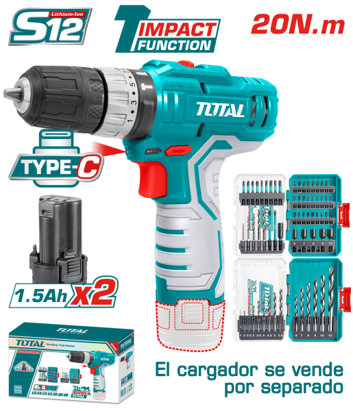 COMBO TALADRO TIPO C 20NM 2X1.5AH + SET BROCAS INDUSTRIAL