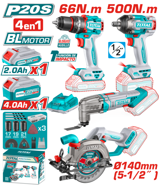 COMBO 20V TALADRO + LLAVE IMPACTO + MULTI H. + SIERRA 1X2.0AH + 1X4.0AH INDUSTRIAL EDIC.LIMITADA