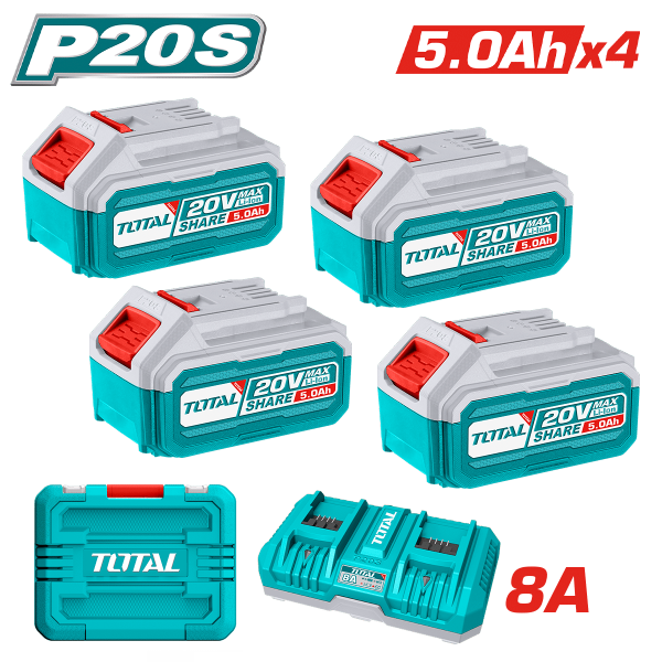 SET DE BATERIAS LI-ION 20V 5.0AH 4PCS + CARGADOR 8A DUAL INDUSTRIAL