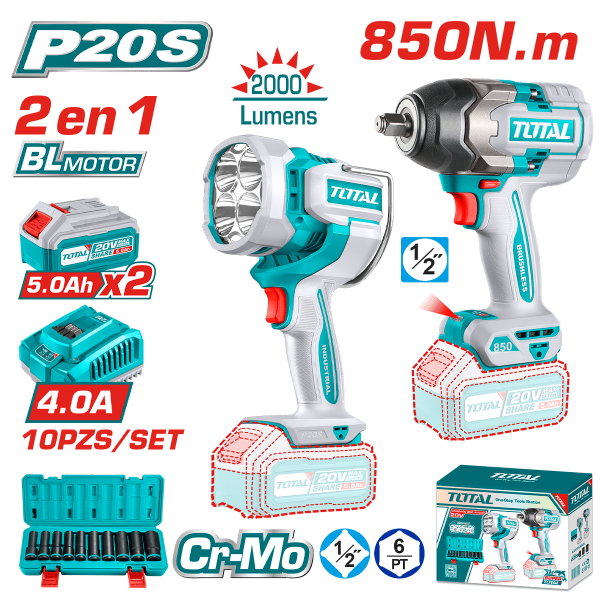 COMBO LLAVE IMPACTO 850N.M + LINTERNA 20V +ACC 2X5.0AH INDUSTRIAL