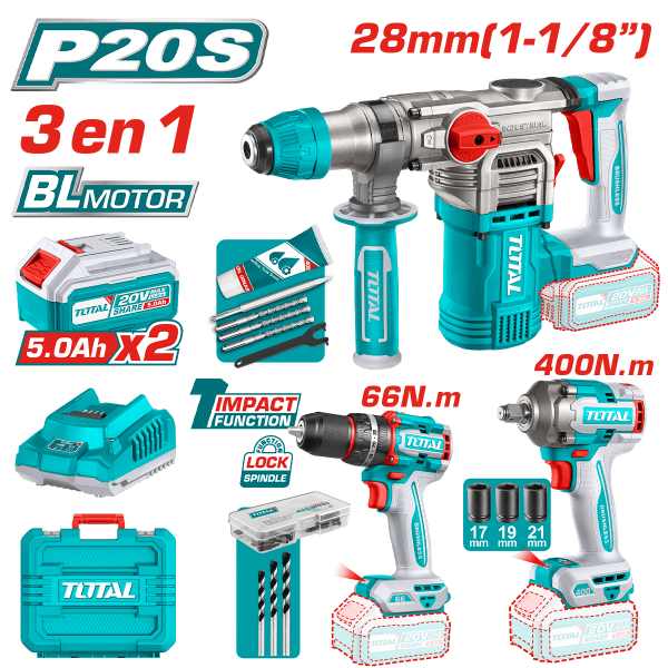 COMBO ROTOMARTILLO + TALADRO + LLAVE IMPACTO 20V BRUSHLESS 2X5.0AH MALETIN INDUSTRIAL