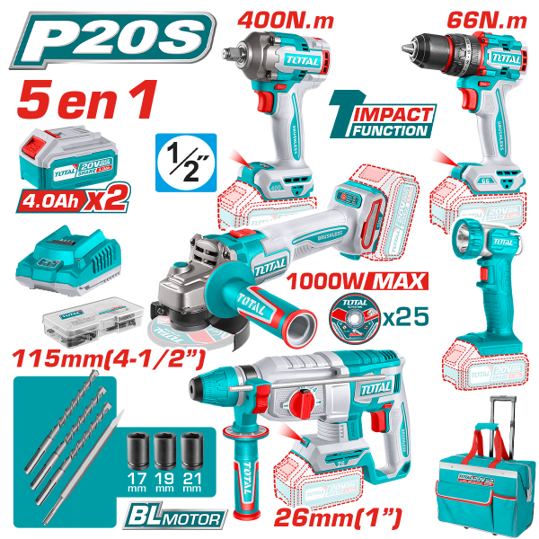 COMBO 20V (5 EN 1) TALADRO + LLAVE + AMOLADORA + ROTOMARTILLO + LINTERNA 2X4.0AH INDUSTRIAL