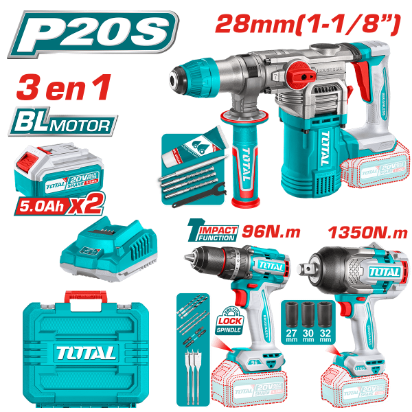 COMBO 20V ROTOMARTILLO 28MM + TALADRO 96NM + LLAVE IMPACTO 1350NM 2X5.0AH + ACC INDUSTRIAL