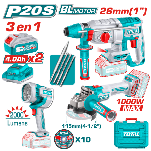 COMBO 3 EN 1 ROTOMARTILLO 26MM + AMOLADORA 1000W + LINTERNA 2X4.0AH + ACC MALETIN INDUSTRIAL2X4.0AH + ACC MALETIN INDUSTRIAL