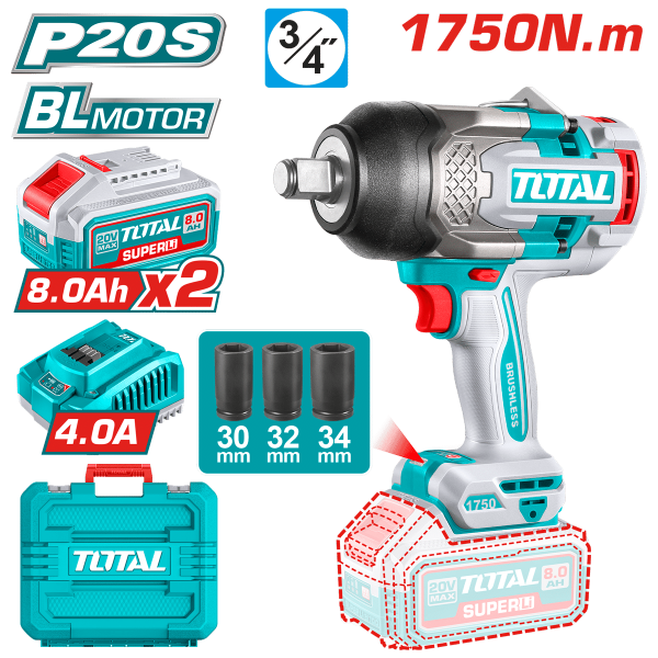 LLAVE IMPACTO BRUSHLESS 20V 1750NM 3/4” 2200BPM 2X8.0AH MALETIN INDUSTRIAL